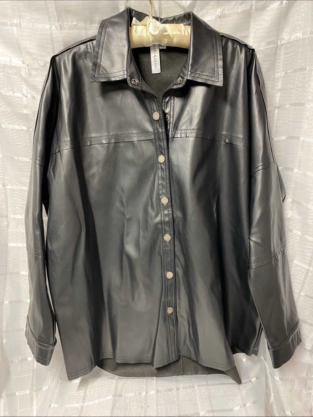 Classic Black Faux Leather Snap-Front Jacket size Large